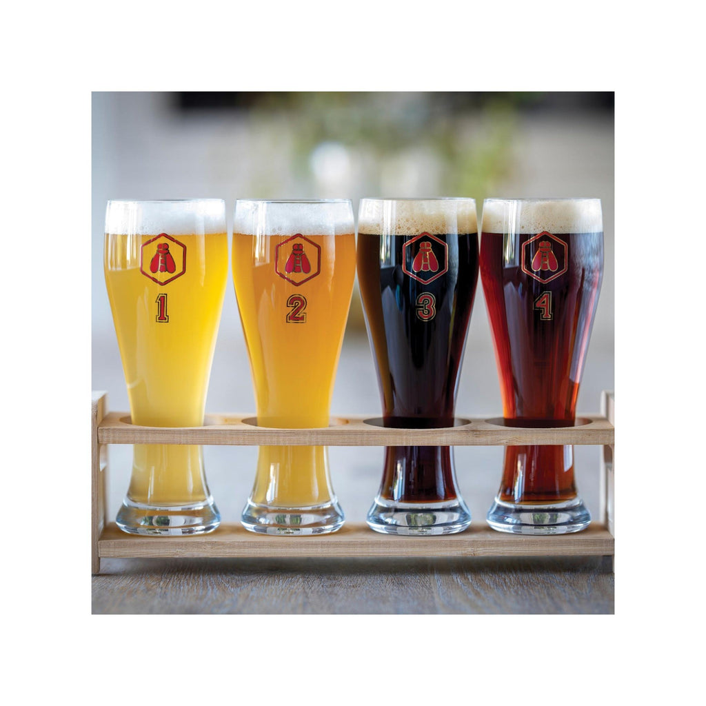 Juego de 4 vasos de cerveza con soporte.