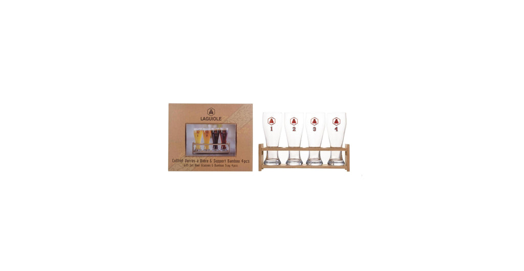 Juego de 4 vasos de cerveza con soporte.