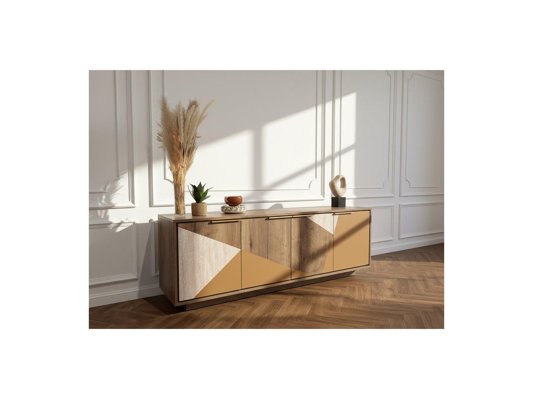 Tulum - 4-Door Sideboard 190 cm Wood and Travertine Effect