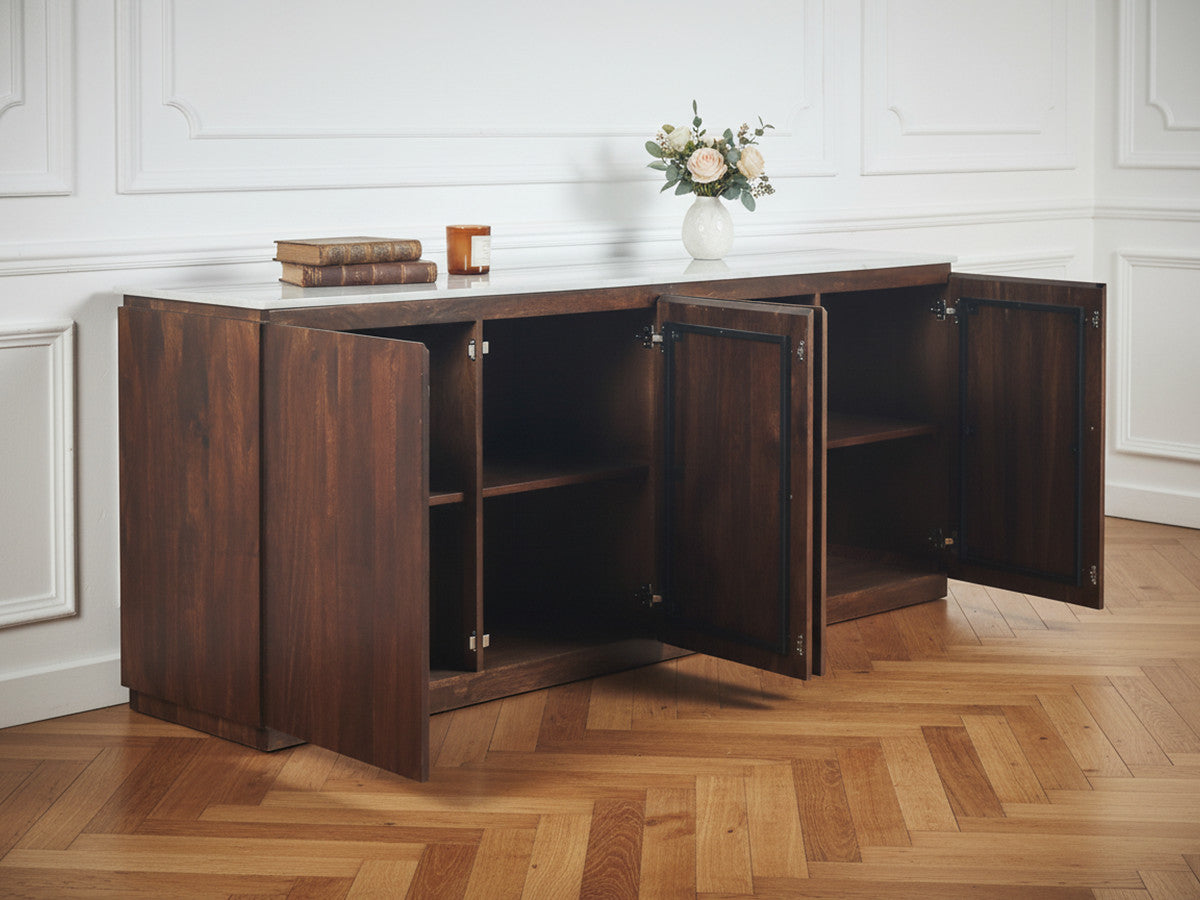 Barbara - Ensemble Barbara Avec Buffet + Meuble Tv En Bois Massif De Manguier Et Marbre