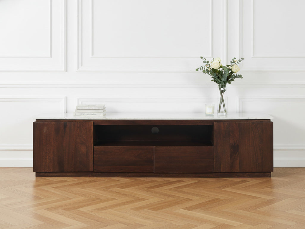 Barbara - Ensemble Barbara Avec Buffet + Meuble Tv En Bois Massif De Manguier Et Marbre