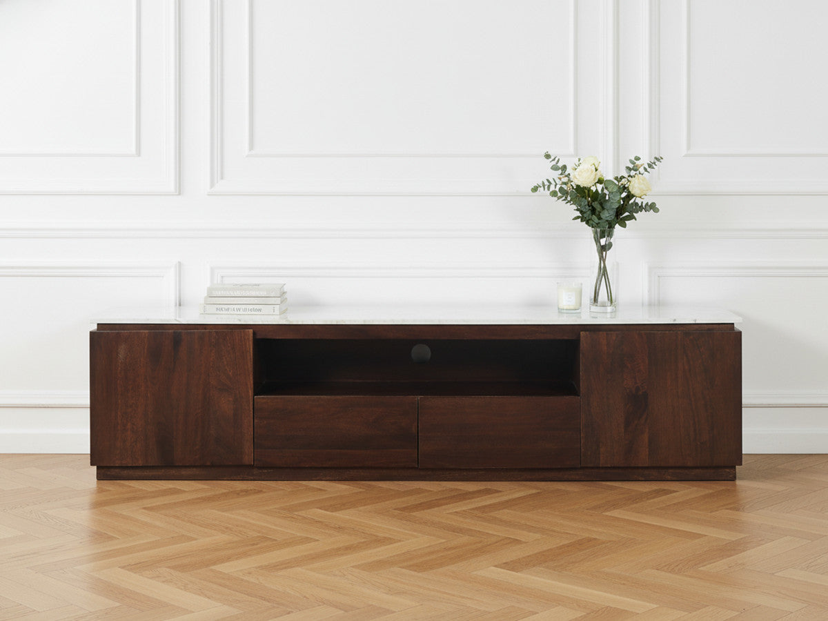 Barbara - Ensemble Barbara Avec Buffet + Meuble Tv En Bois Massif De Manguier Et Marbre