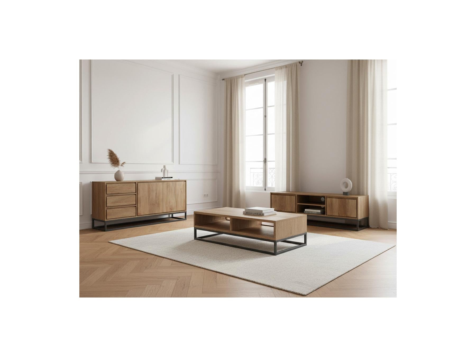 Bergerac - Ensemble Avec Buffet 150 Cm + Meuble Tv 140 Cm + Table Basse Bois Massif De Manguier