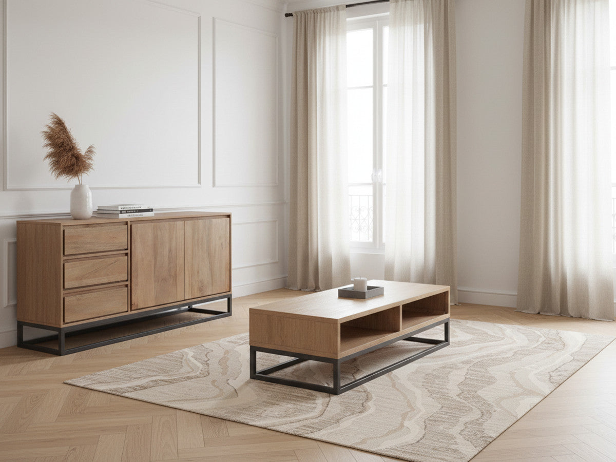 Bergerac - Conjunto con aparador de 150 cm + mesa de centro de madera maciza de mango
