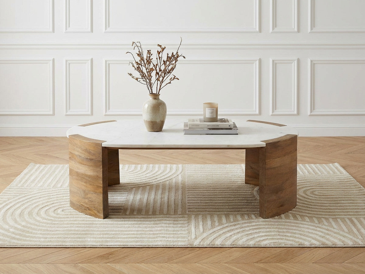 Torvi - Table Basse Ovale Torvi Plateau Marbre Et Pieds Bois Massif D'Acacia