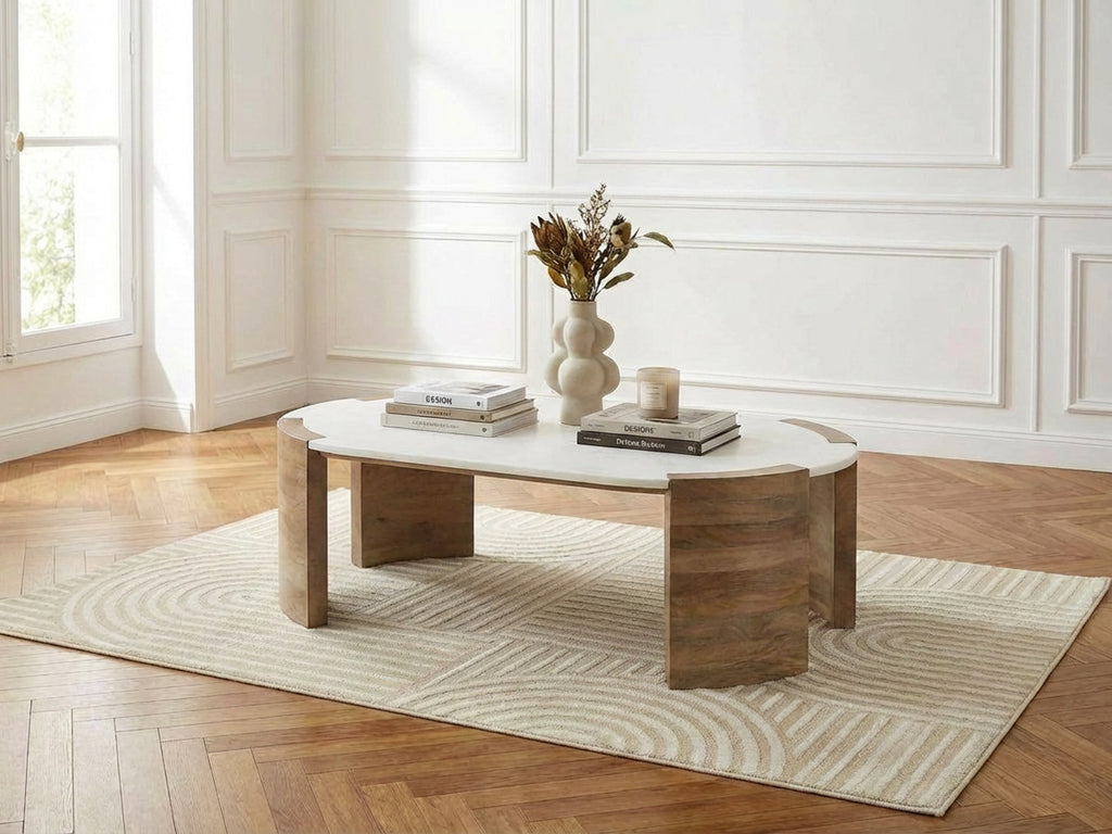 Torvi - Table Basse Ovale Torvi Plateau Marbre Et Pieds Bois Massif D'Acacia