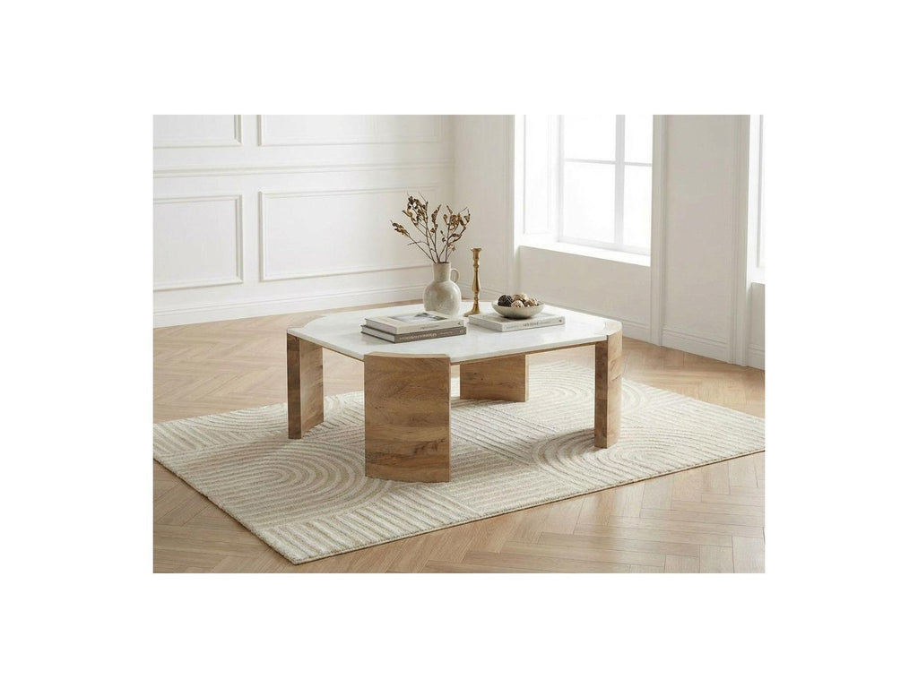 Torvi - Mesa de centro cuadrada Torvi con tablero de mármol y patas de madera maciza de acacia