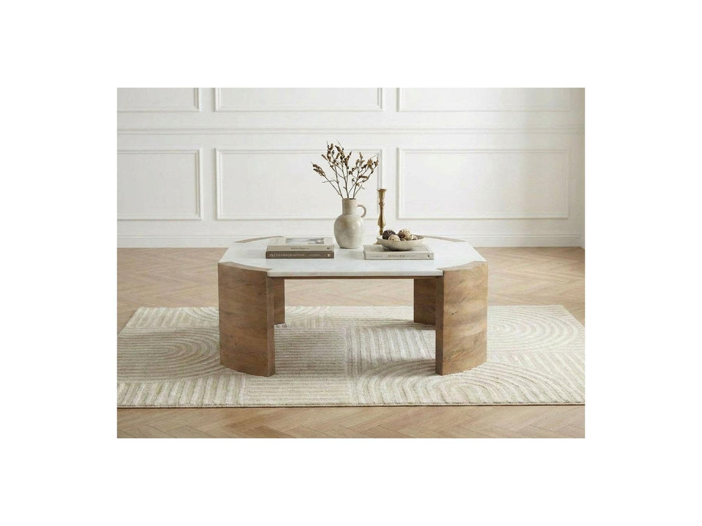 Torvi - Mesa de centro cuadrada Torvi con tablero de mármol y patas de madera maciza de acacia