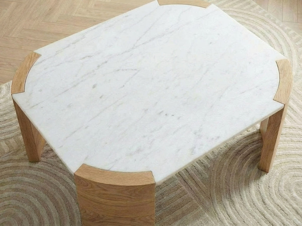 Torvi - Mesa de centro cuadrada Torvi con tablero de mármol y patas de madera maciza de acacia