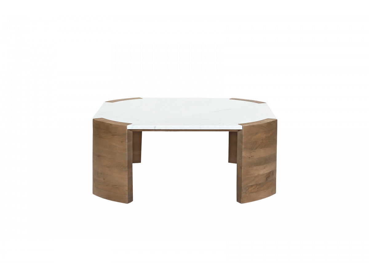 Torvi - Mesa de centro cuadrada Torvi con tablero de mármol y patas de madera maciza de acacia