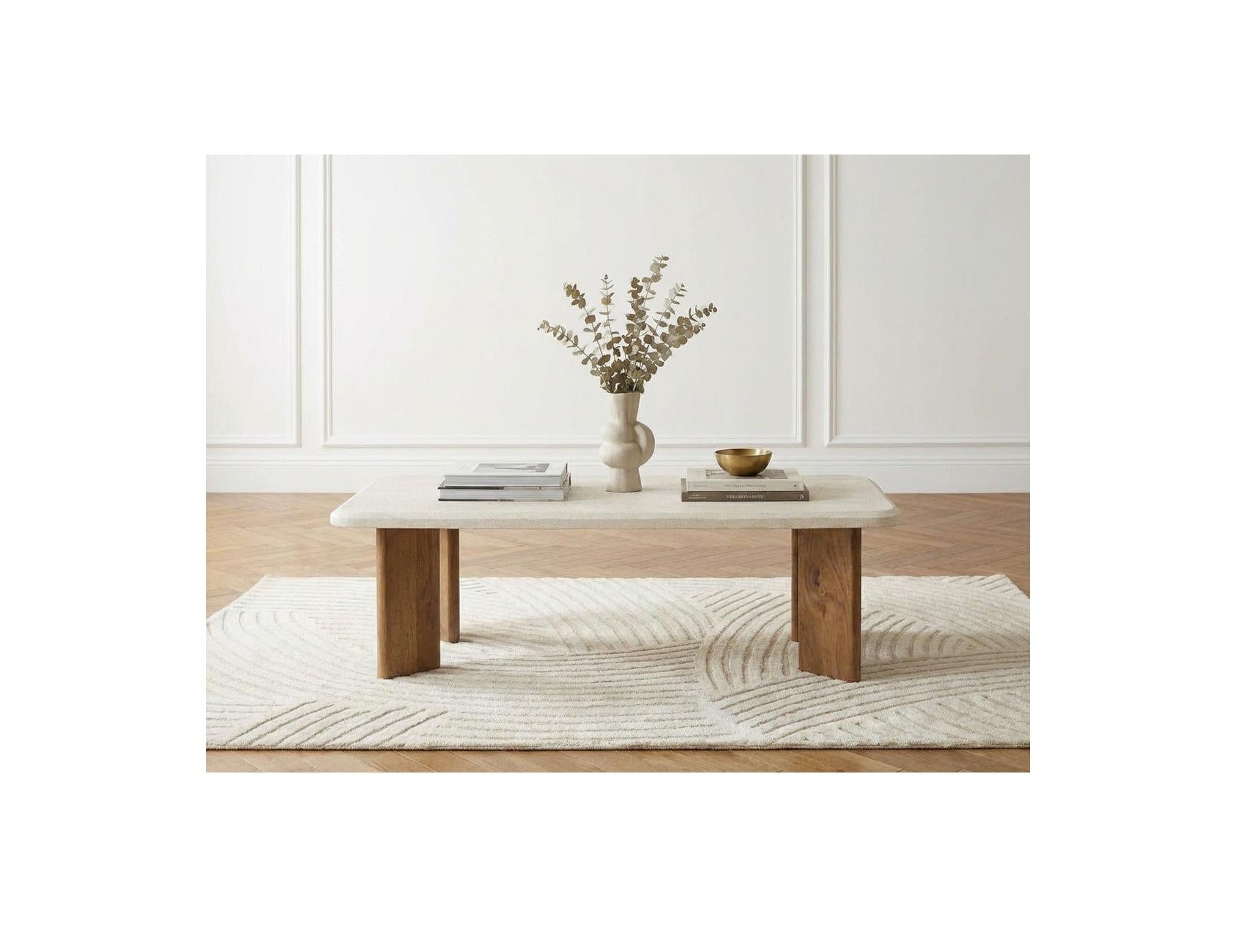 Arya - Table Basse Rectangulaire 120 Cm Effet Travertin Et Pieds Bois Massif De Manguier