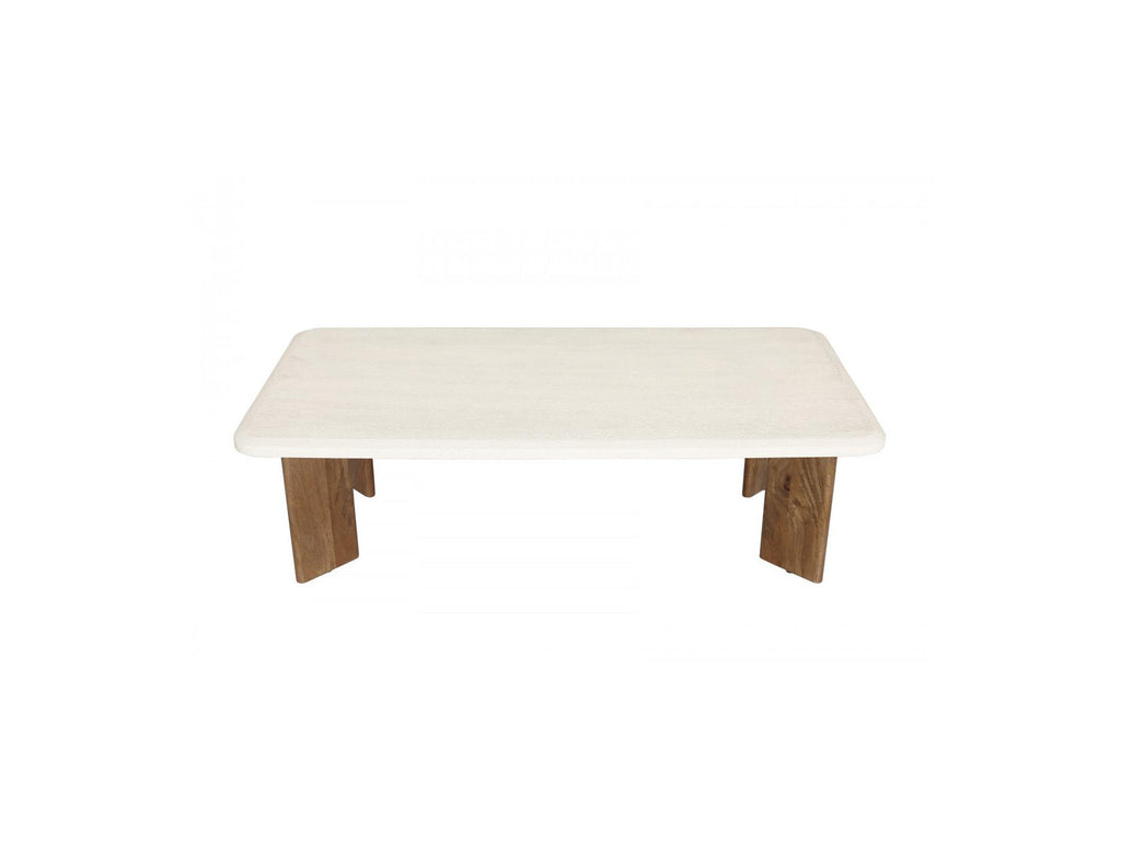Arya - Table Basse Rectangulaire 120 Cm Effet Travertin Et Pieds Bois Massif De Manguier