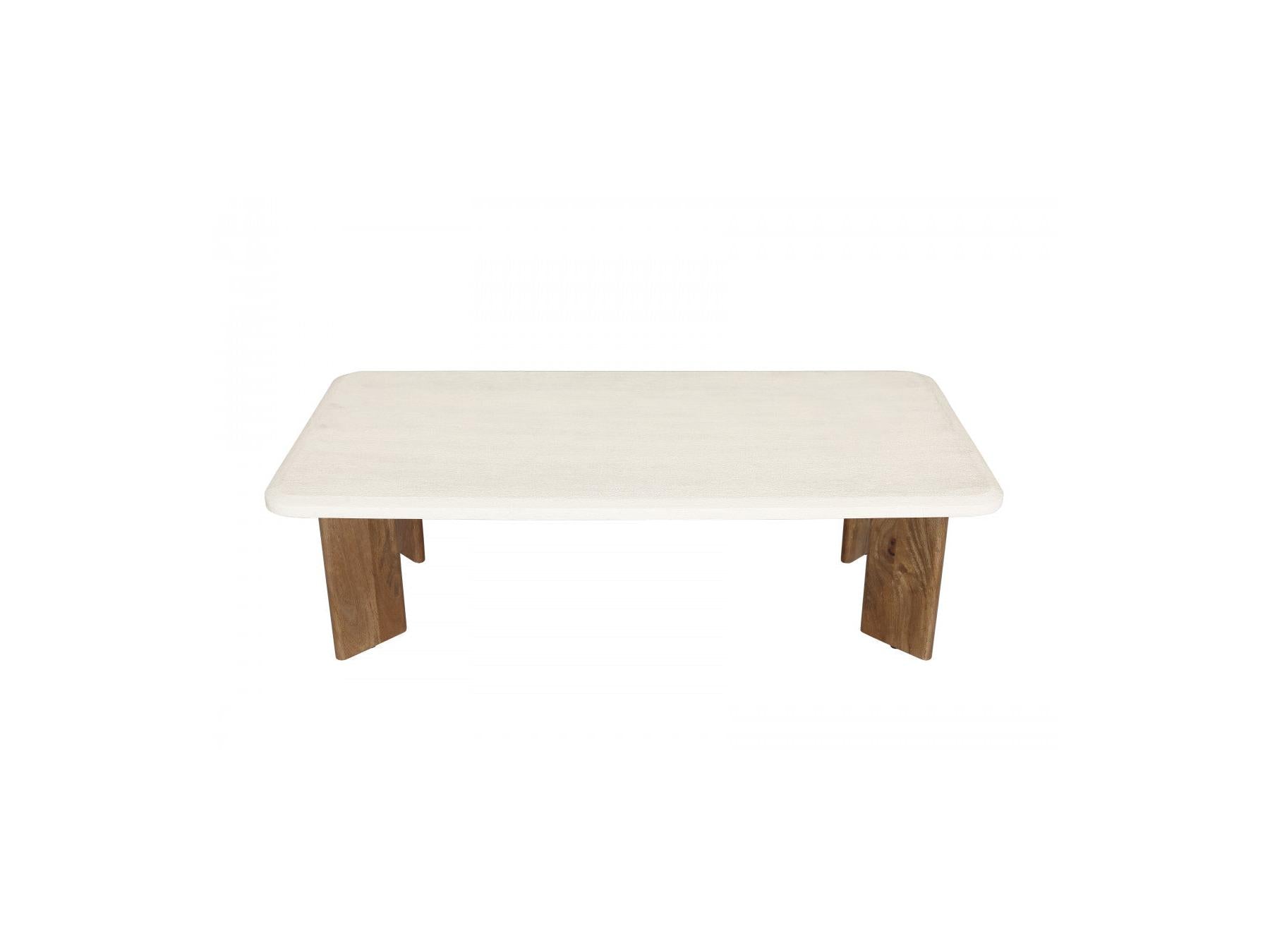 Arya - Table Basse Rectangulaire 120 Cm Effet Travertin Et Pieds Bois Massif De Manguier