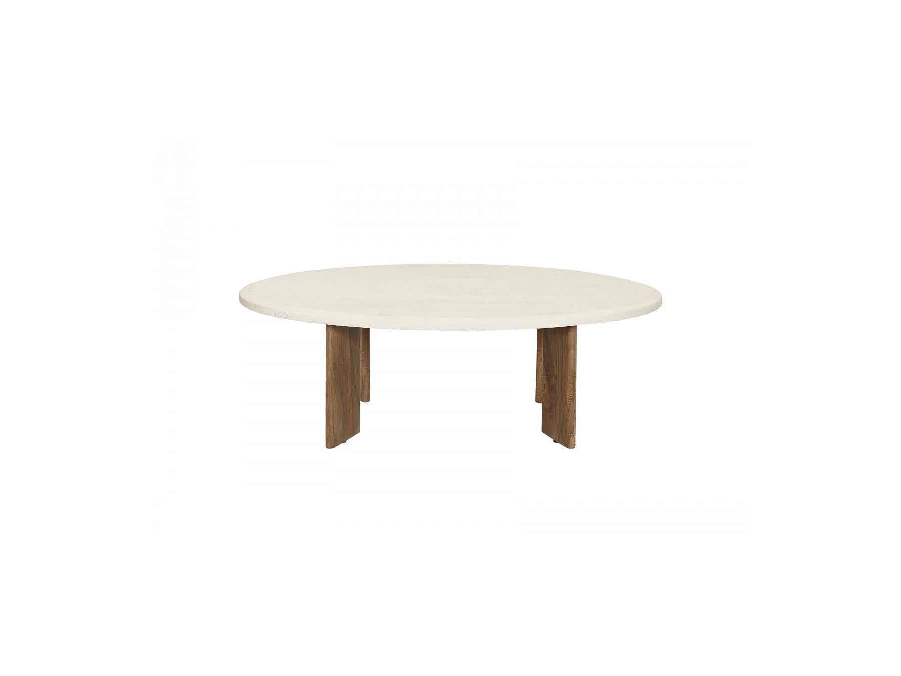 Arya - Table Basse Ovale 110 Cm Effet Travertin Et Pieds Bois Massif De Manguier