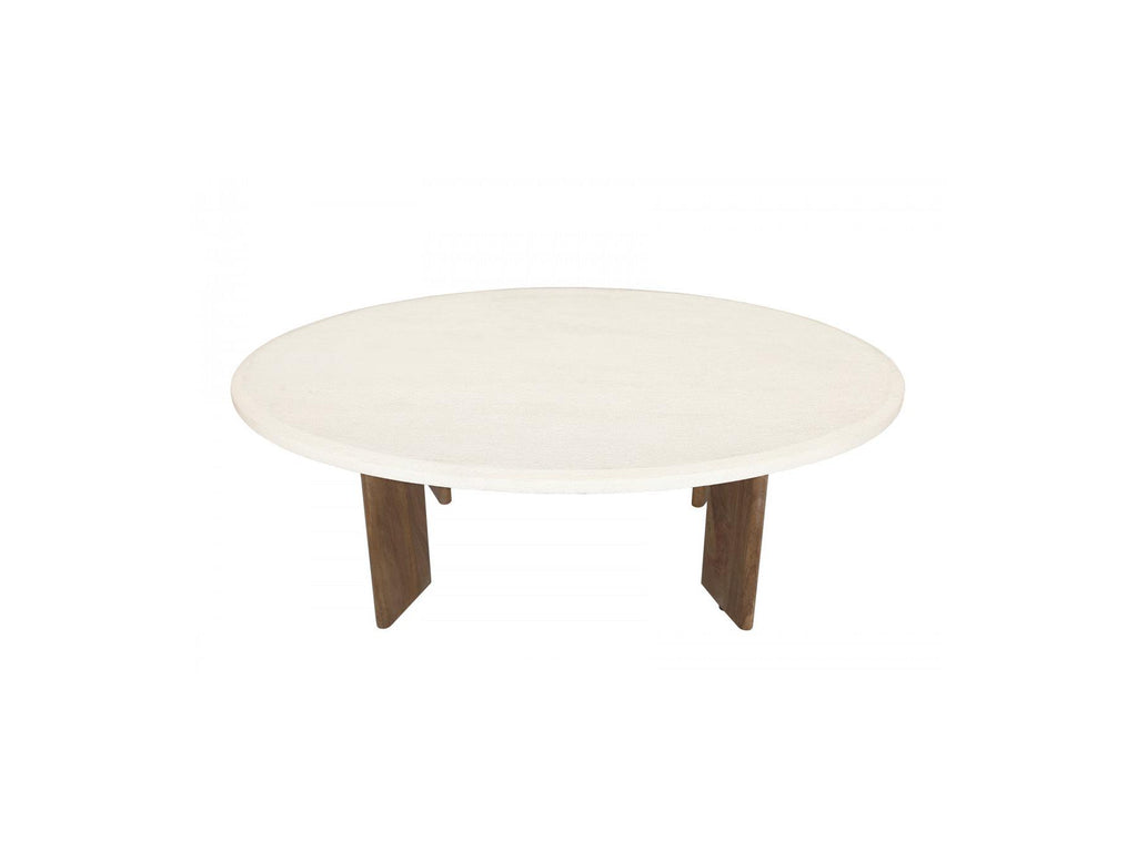 Arya - Table Basse Ovale 110 Cm Effet Travertin Et Pieds Bois Massif De Manguier
