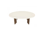 Arya - Table Basse Ovale 110 Cm Effet Travertin Et Pieds Bois Massif De Manguier