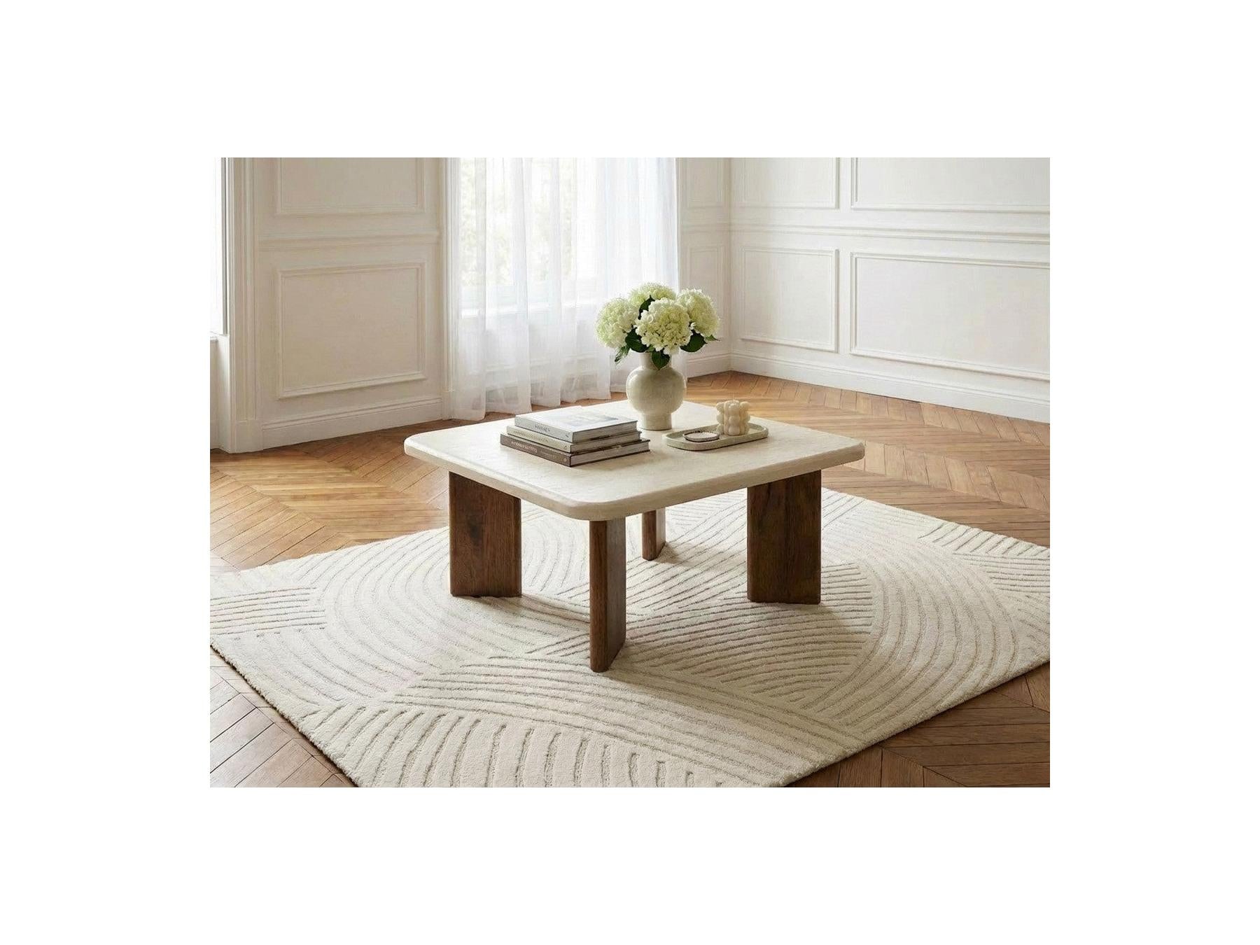 Arya - Square Coffee Table 70 Cm Travertine Effect And Solid Mango Wood Legs