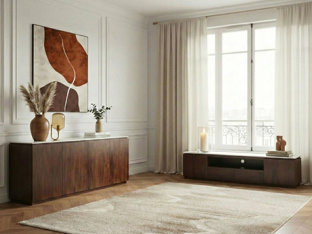 Barbara - Ensemble Barbara Avec Buffet + Meuble Tv En Bois Massif De Manguier Et Marbre
