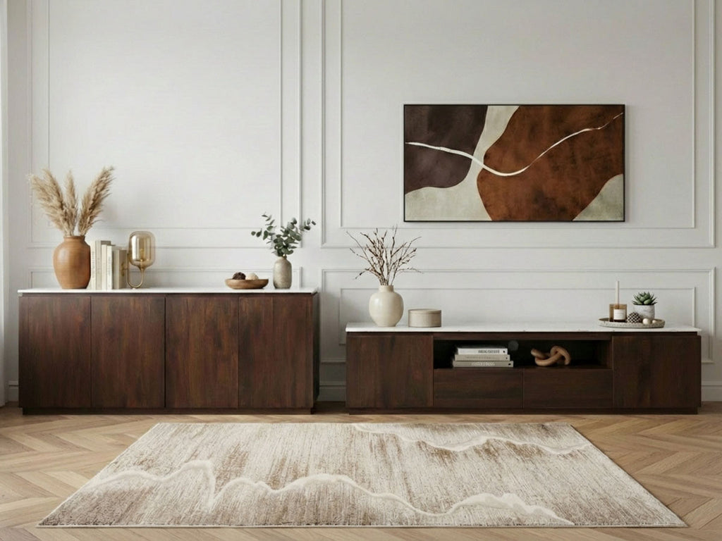 Barbara - Ensemble Barbara Avec Buffet + Meuble Tv En Bois Massif De Manguier Et Marbre