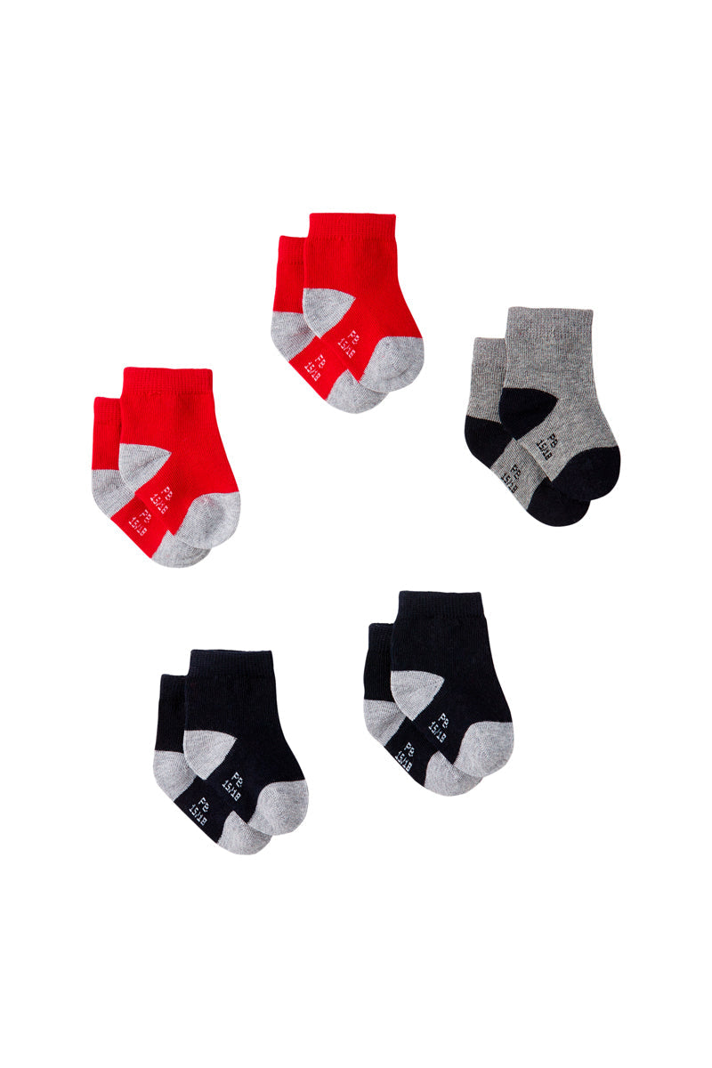 5 Paires De Chaussettes - Rouge, Noir Et Gris Chiné - Bébé Garçon