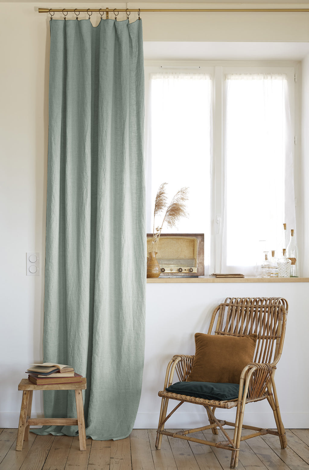 Soline - Adjustable Curtain + Rings - Washed Linen - Eucalyptus