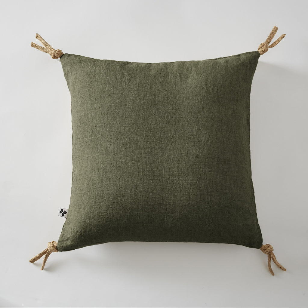 Soline - Coussin Déhoussable Avec Pompons - Lin Lavé - Thym