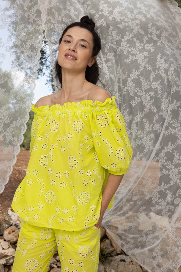 Brigitte Yellow Broderie Anglaise Blouse - Lemon