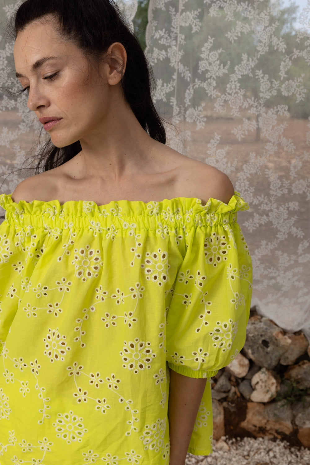 Brigitte Yellow Broderie Anglaise Blouse - Lemon