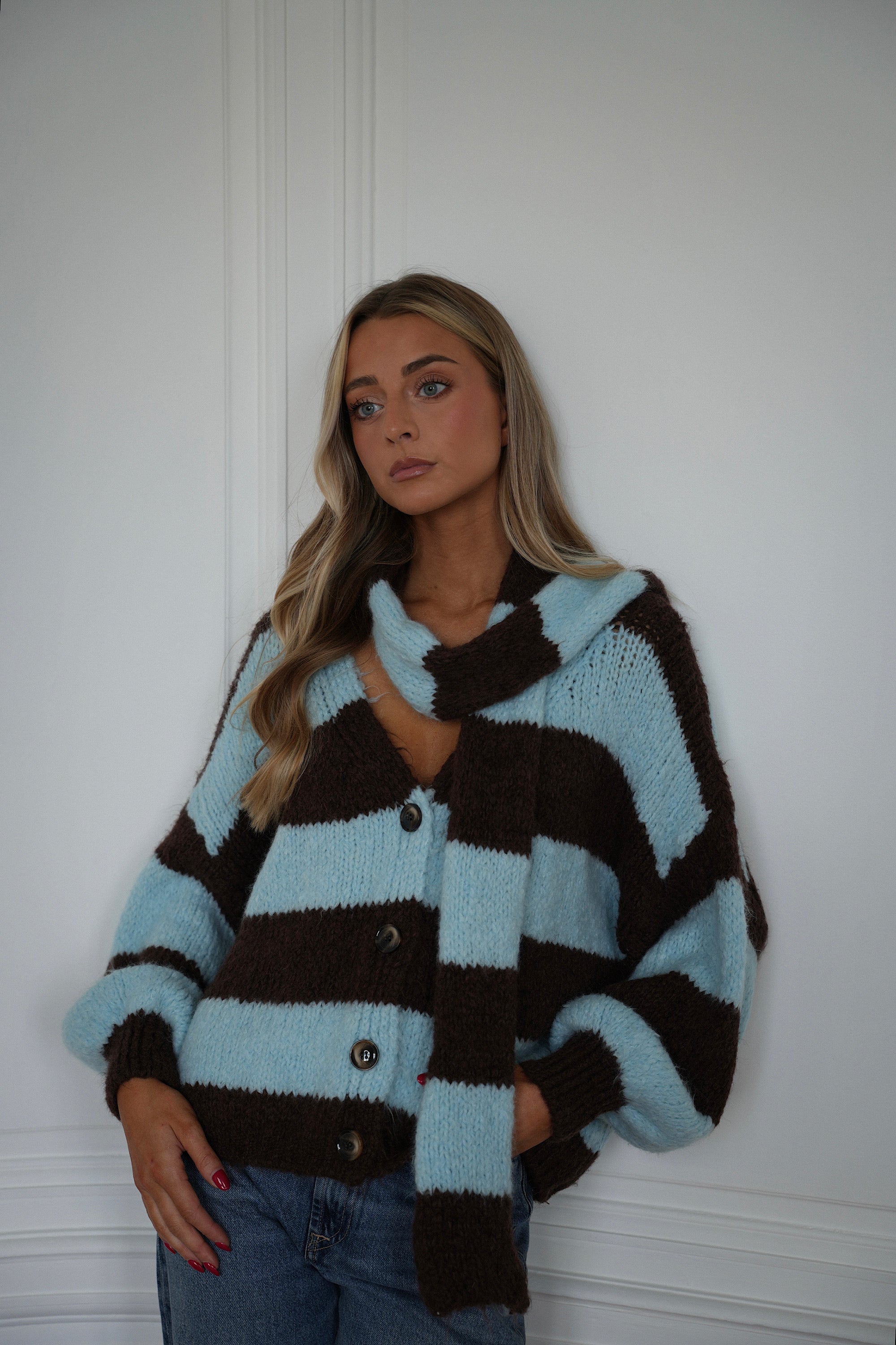 Gilet Écharpe Rayé Jasmin - Bleu/Chocolat
