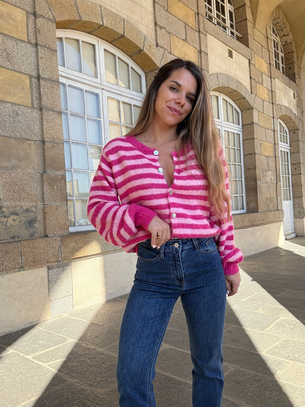Cardigan Solela Rayé Rose Et Rouge