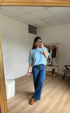 Short Sleeve Wool Knit Brown Sky Blue