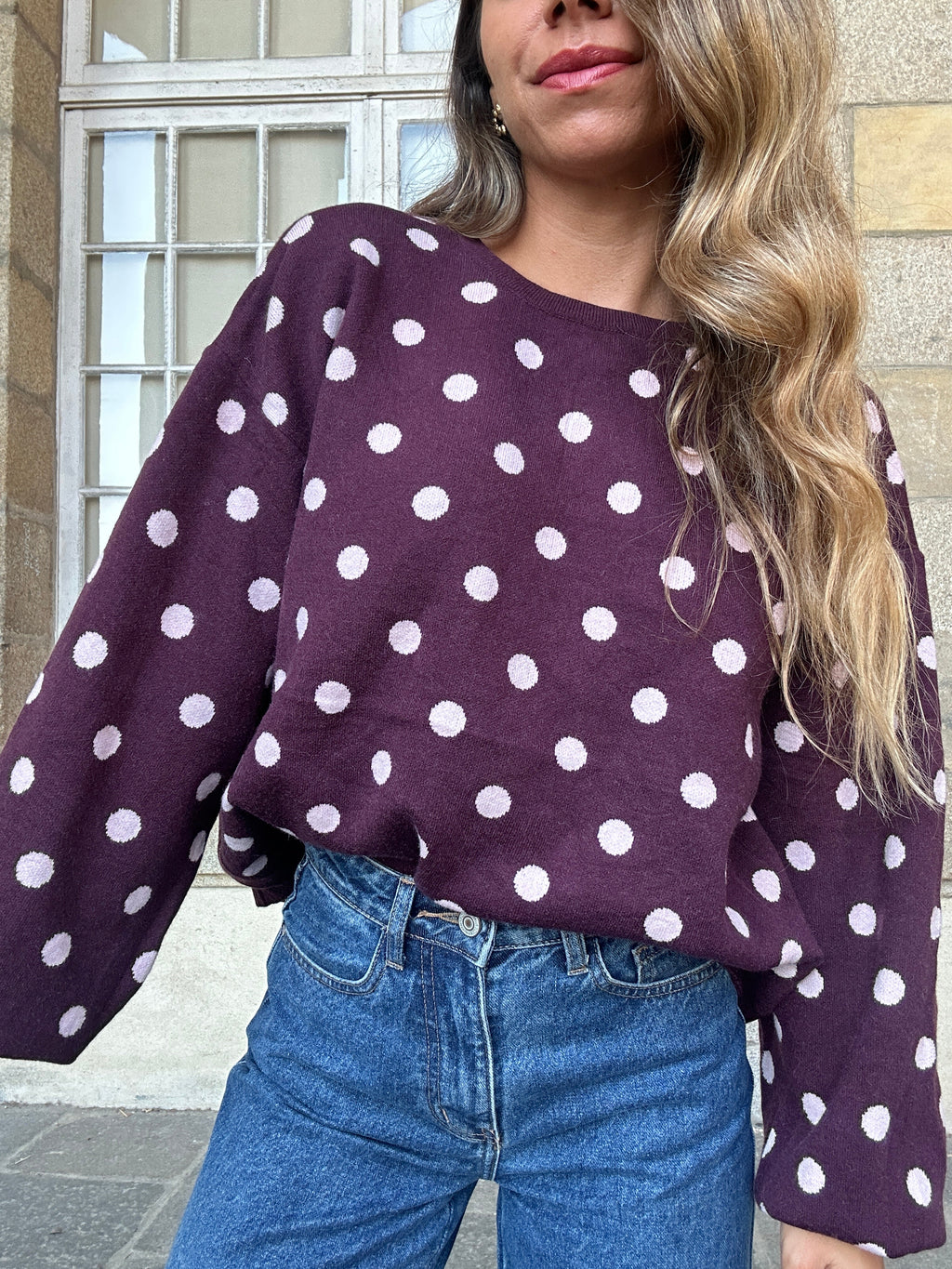 Pull à pois en laine Zélie bordeaux