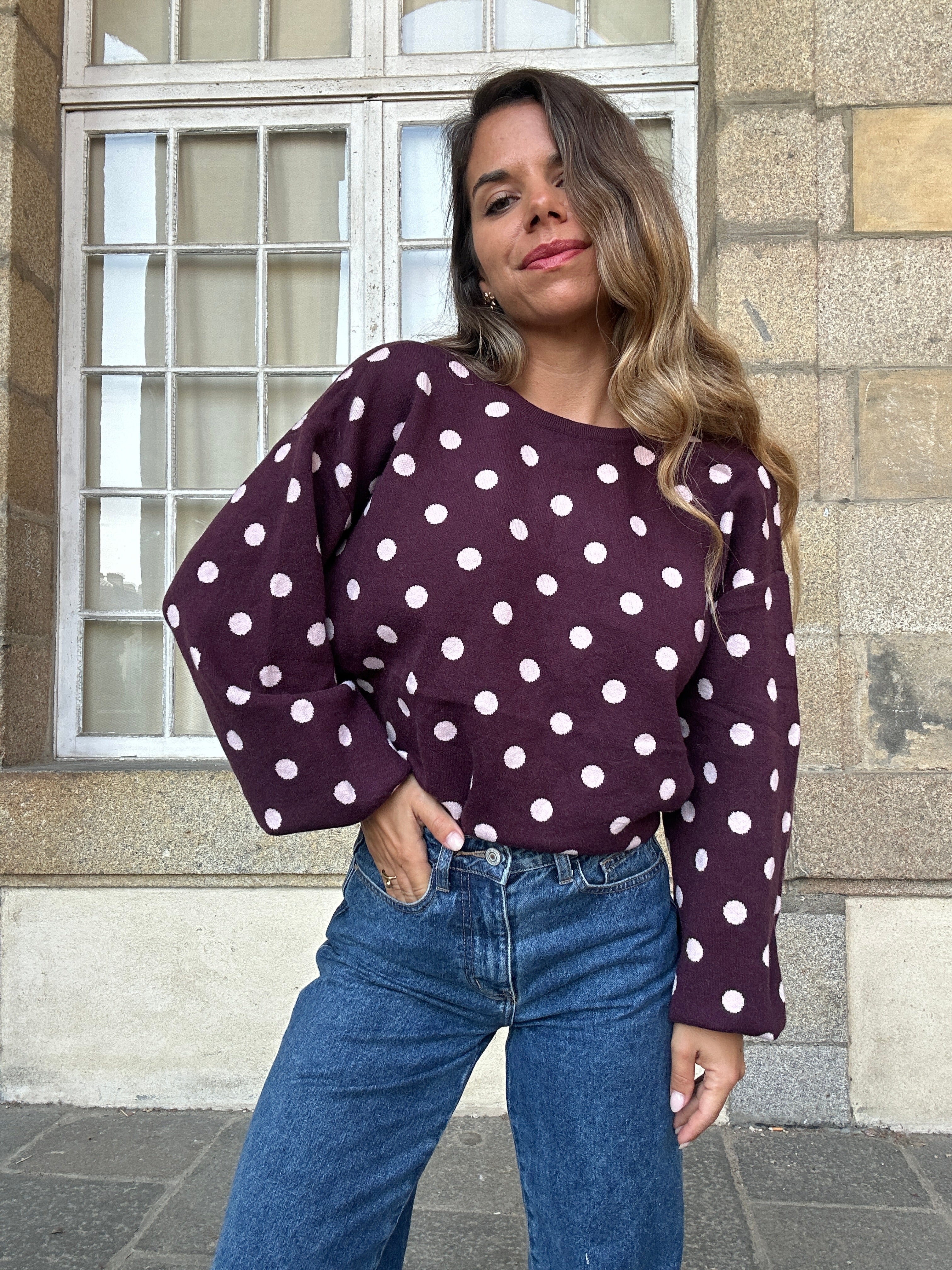 Pull à pois en laine Zélie bordeaux