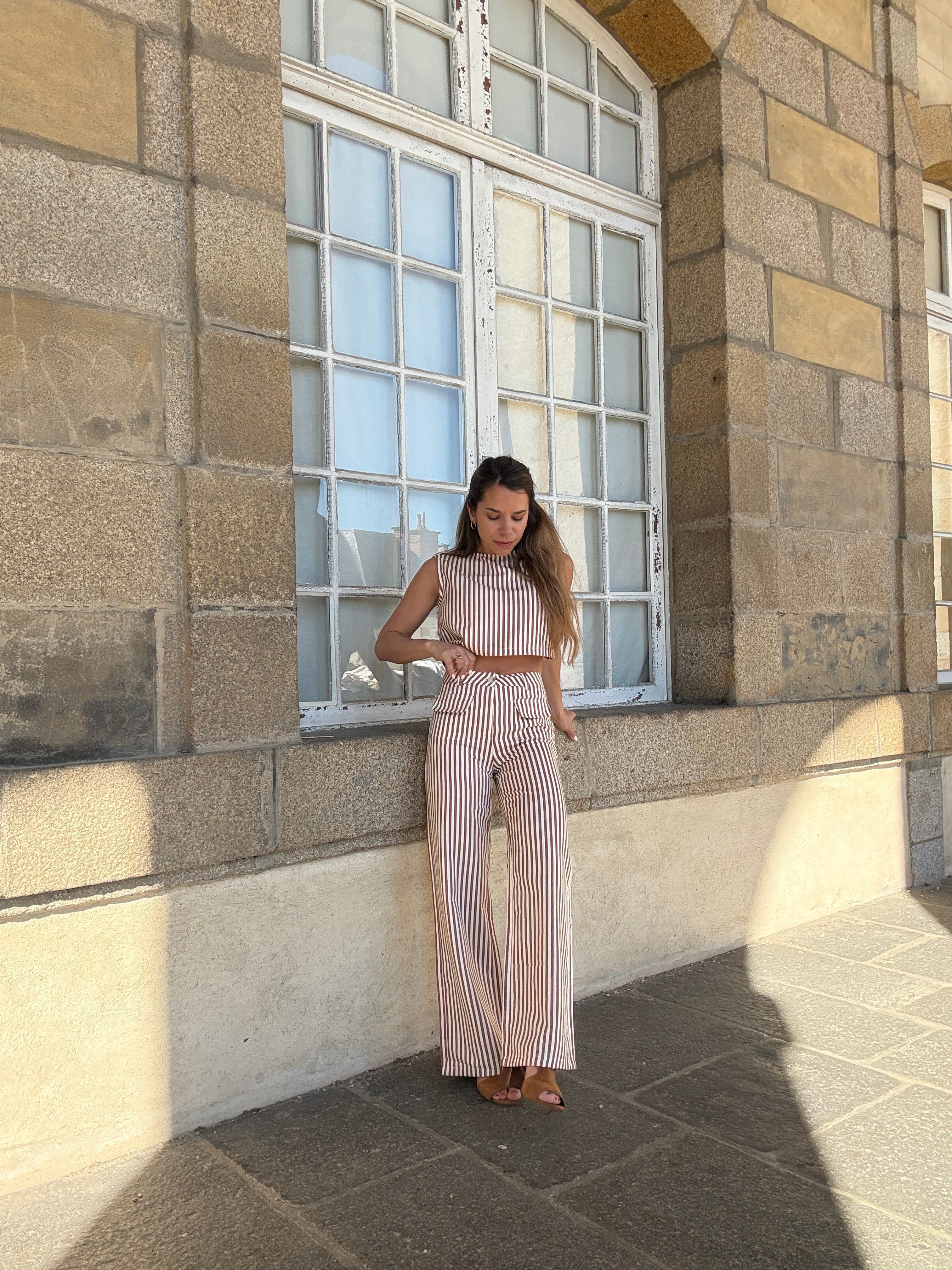 Pantalon Rayé Marin Camel