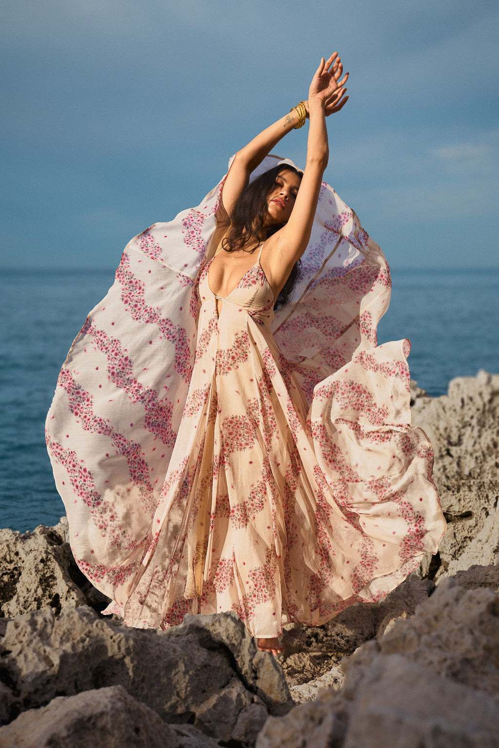 Printed Long Chiffon Dress - Pink