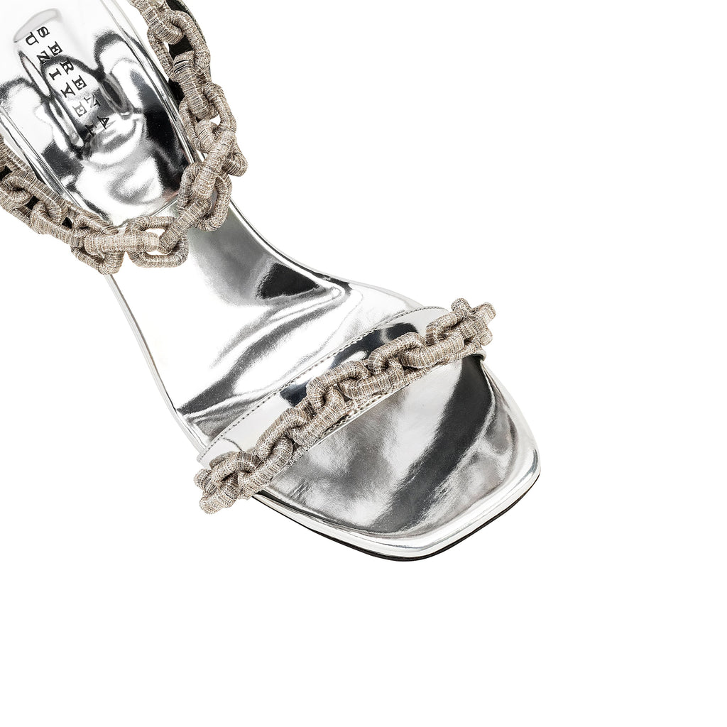 Catena Notte silver high-heel sandal featuring chain embroidery and cushioned insole, meticulously crafted in Italy.