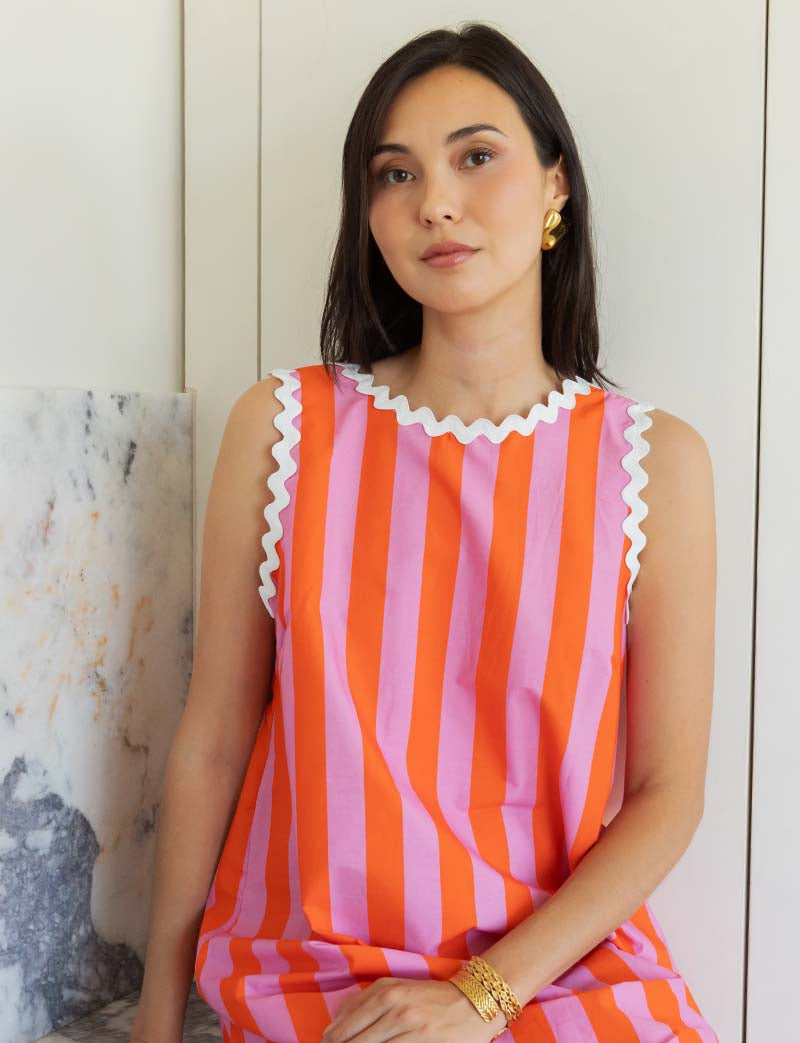 Kleid Mit Rosa & Orangenen Streifen Juana