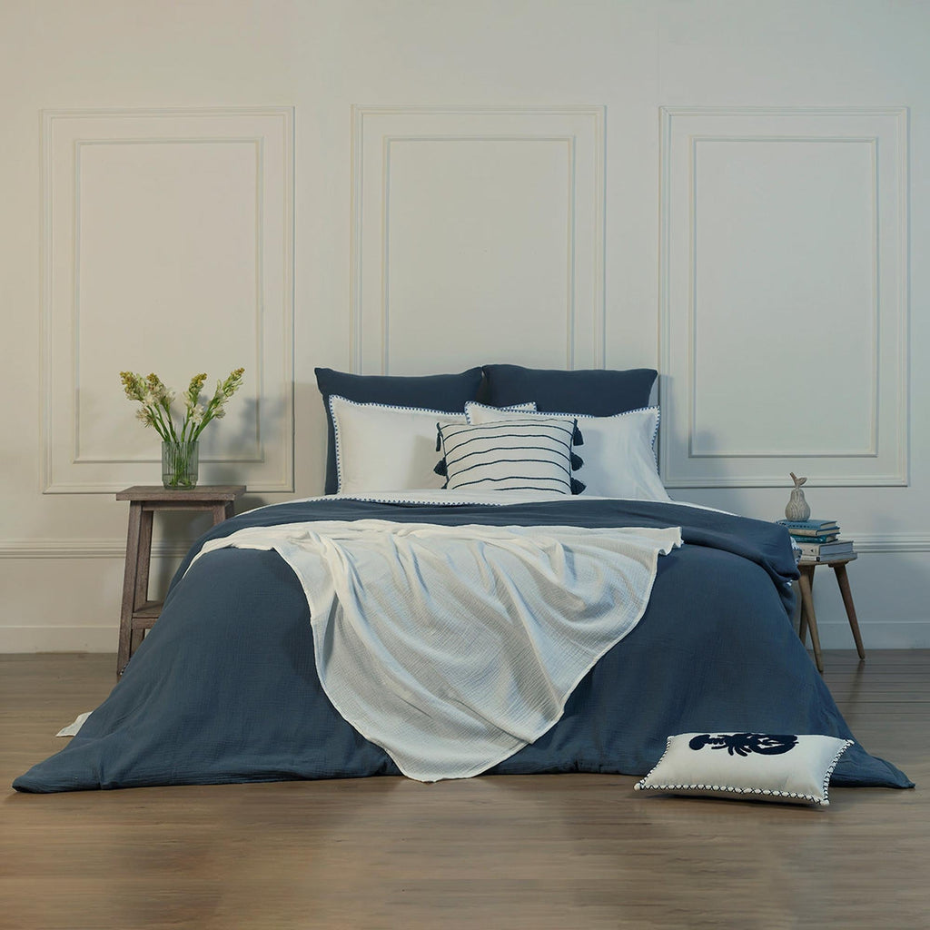 Zoé - Sábana Encimera - Percal De Algodón - Blanco/Azul Denim