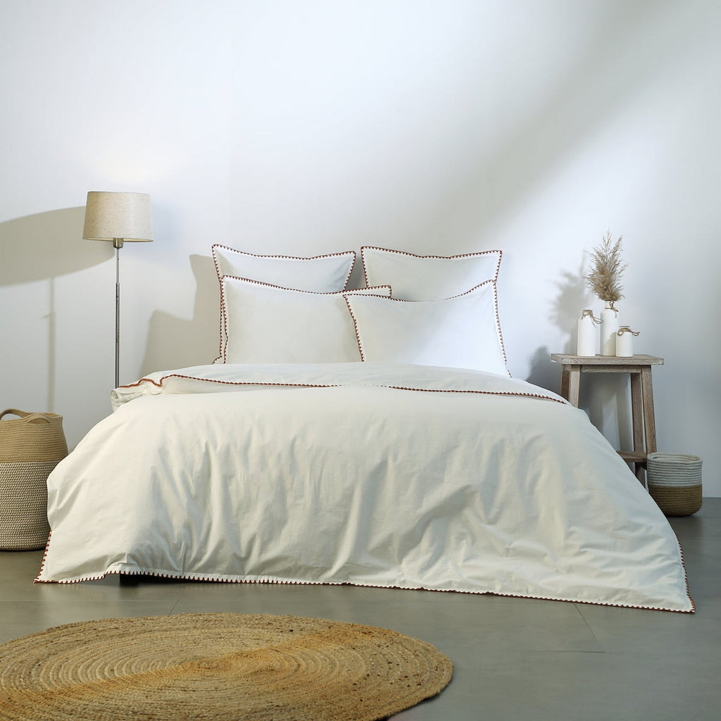 Zoé - Juego De Cama + Fundas De Almohada - Percal De Algodón - Blanco/Caramelo