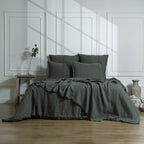 Camille - Juego De Cama + Fundas De Almohada - Lino Lavado - Verde Caqui