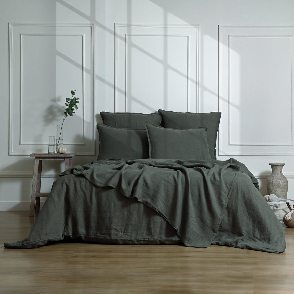 Camille - Juego De Cama + Fundas De Almohada - Lino Lavado - Verde Caqui