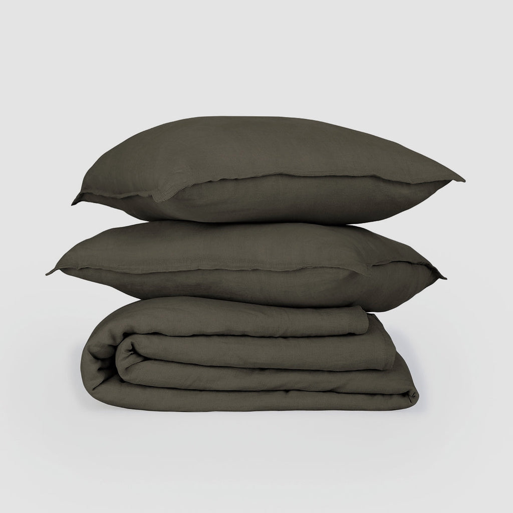 Camille - Juego De Cama + Fundas De Almohada - Lino Lavado - Verde Caqui