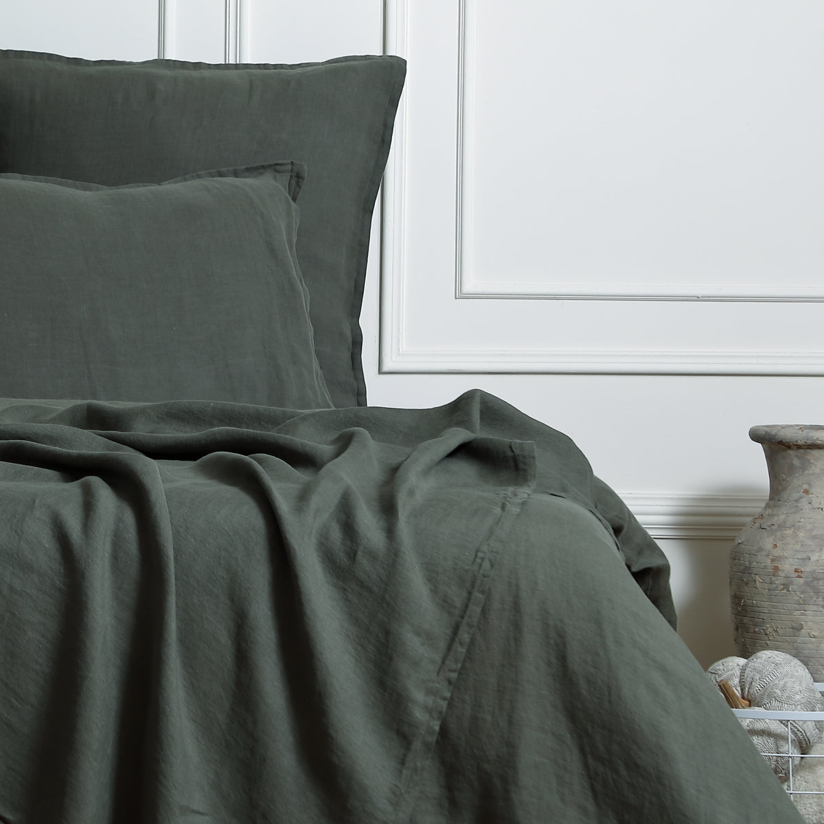 Camille - Juego De Cama + Fundas De Almohada - Lino Lavado - Verde Caqui
