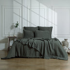 Camille - Juego De Cama + Fundas De Almohada - Lino Lavado - Verde Caqui