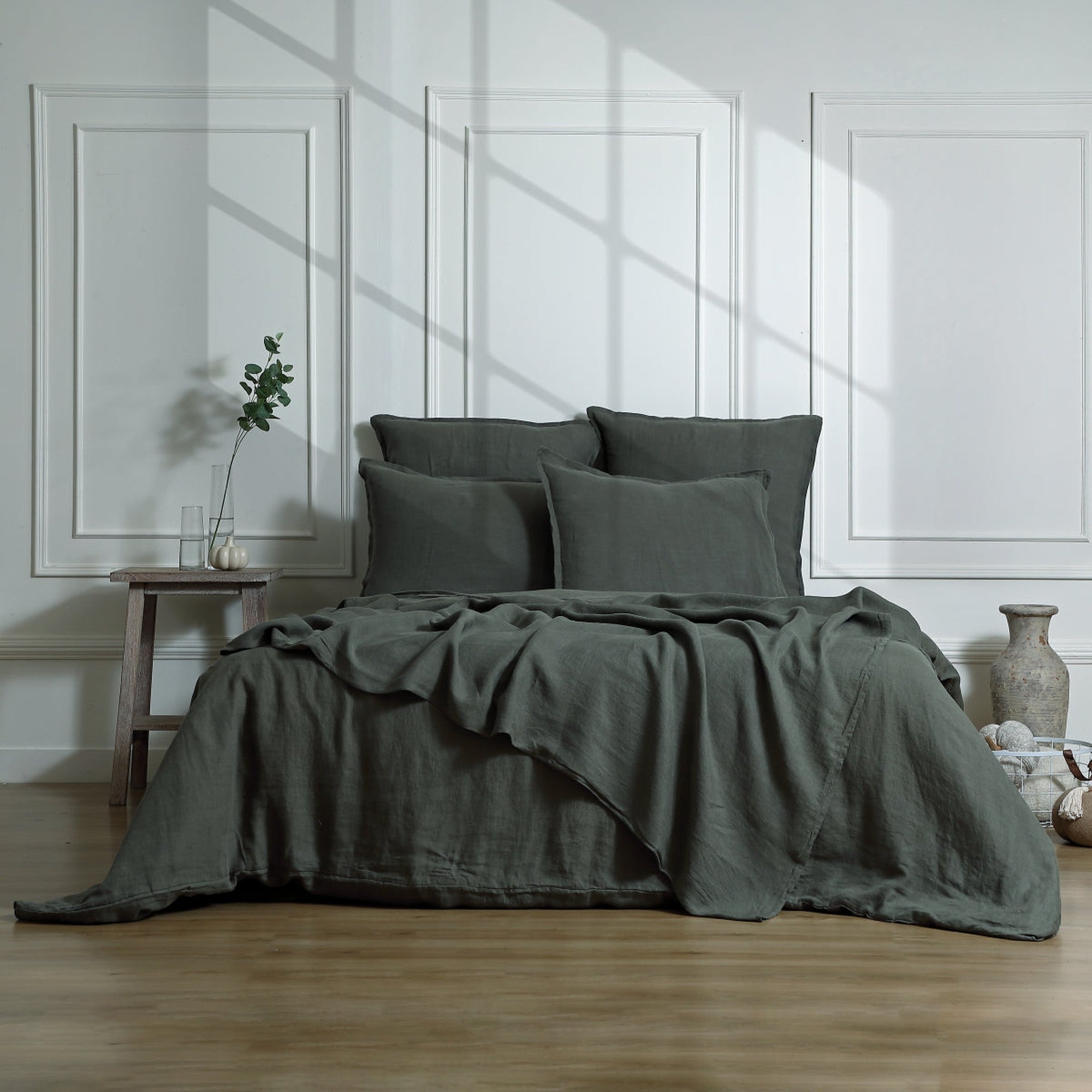 Camille - Juego De Cama + Fundas De Almohada - Lino Lavado - Verde Caqui