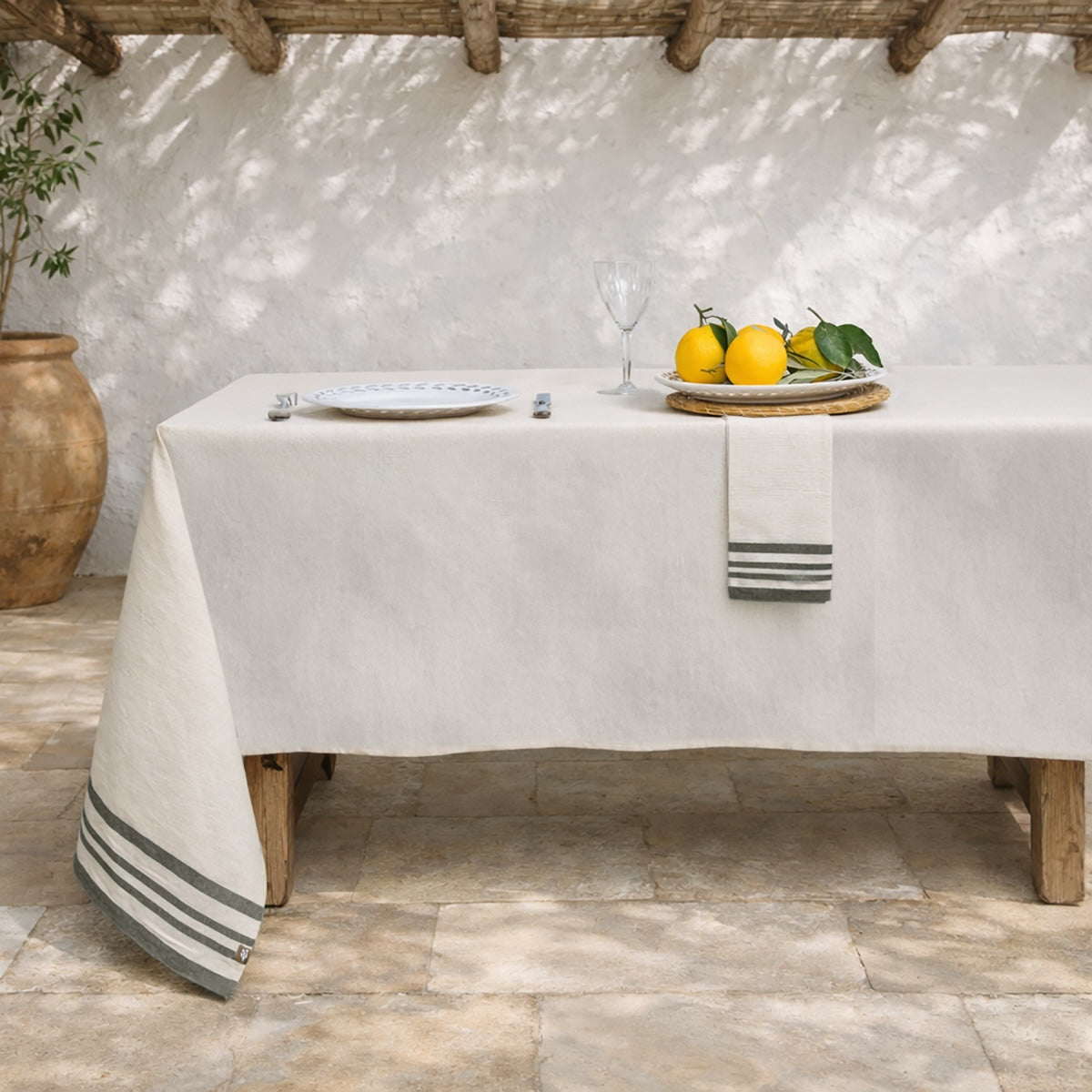 Guetary - Conjunto de mesa - Algodón - Beige lino/Verde oliva