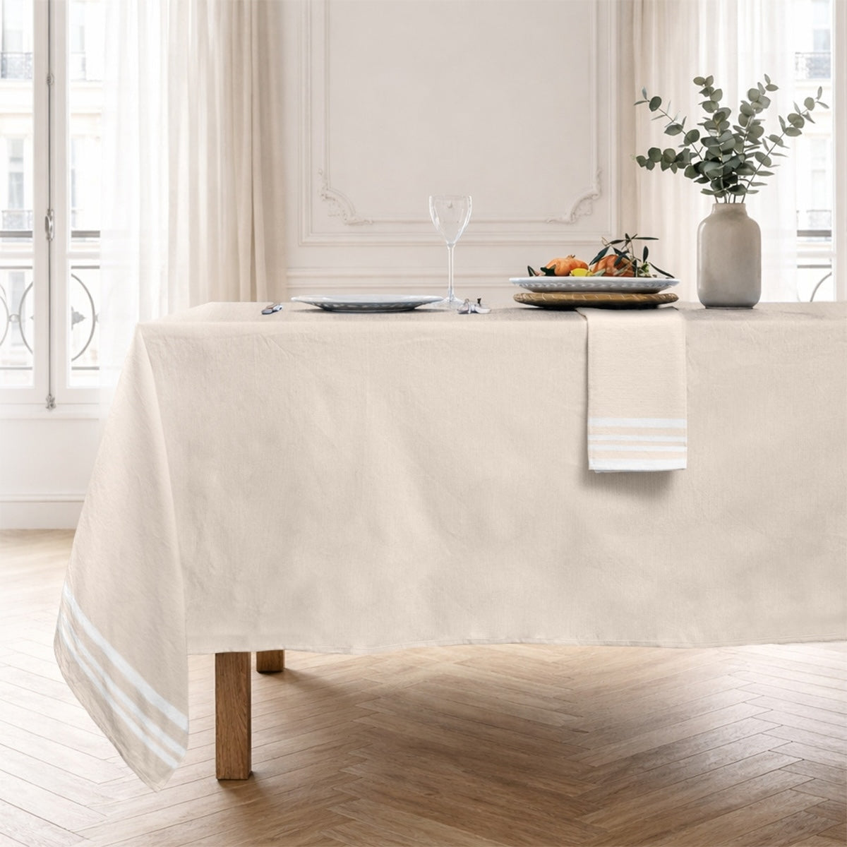 Guetary - Tablecloth + 8 Napkins - Linen Beige/White