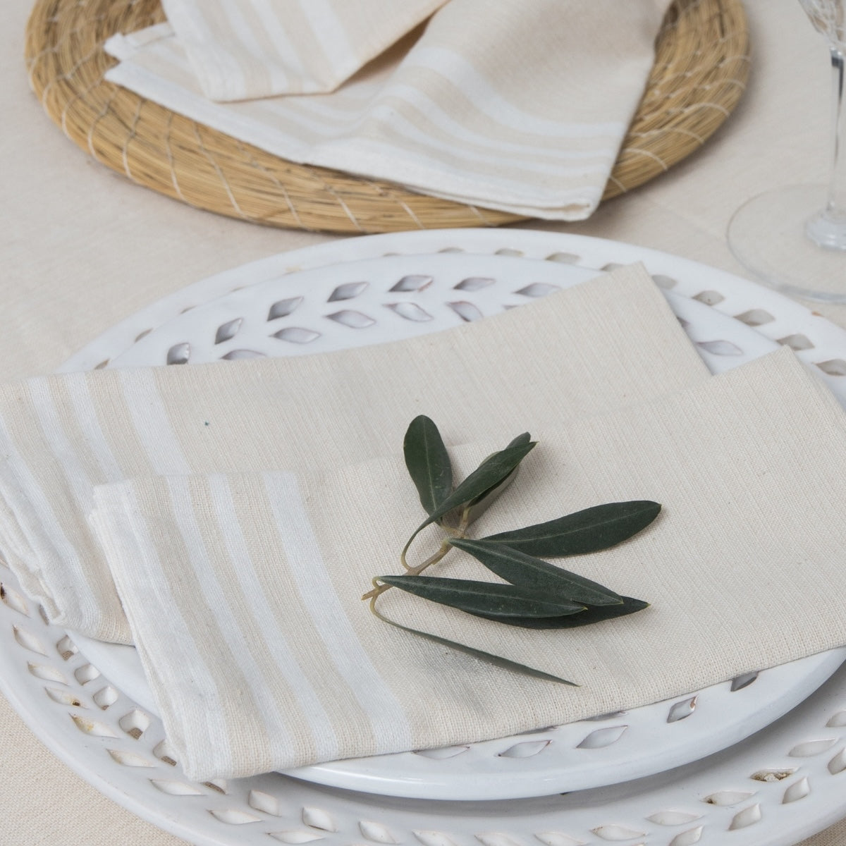 Guetary - Juego De Mesa - Algodón - Beige Lino/Blanco