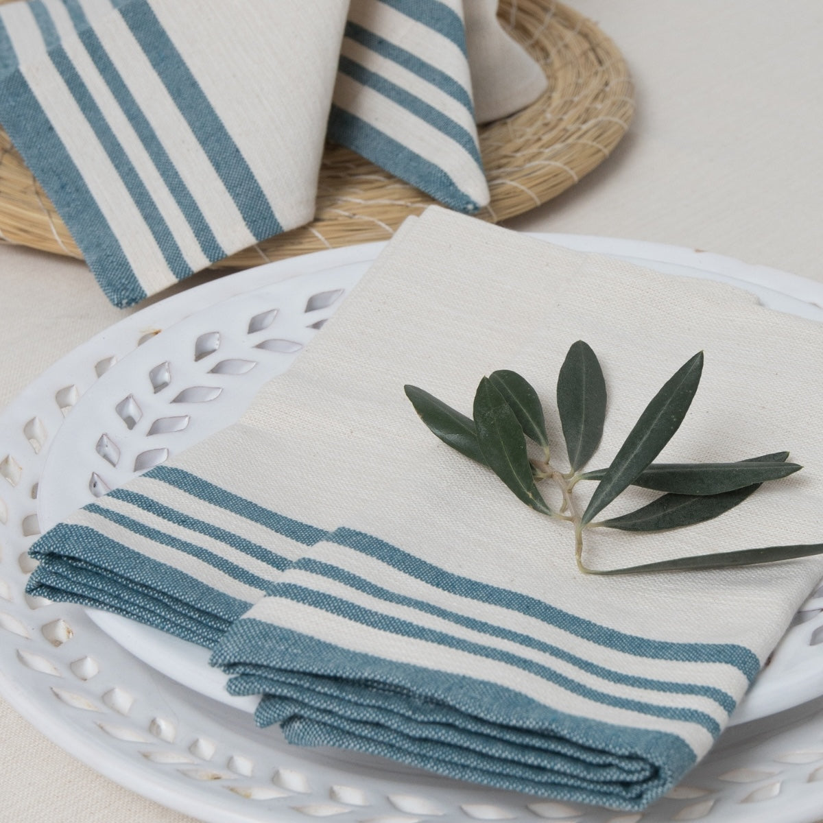 Guetary - Juego De Mesa - Algodón - Beige Lino/Azul Petróleo