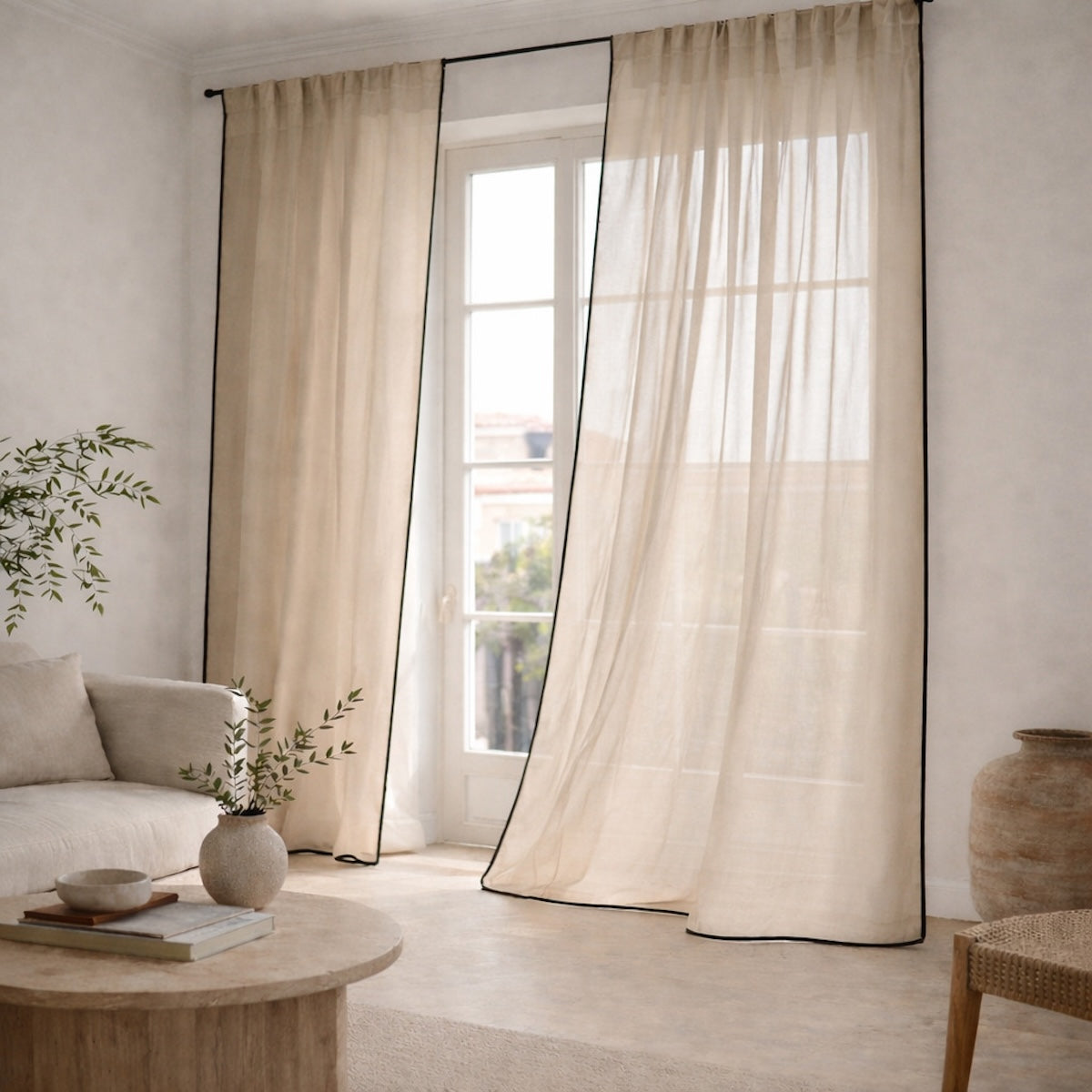 Bruma - Visillo Con Trabillas - Voile De Algodón Bio - Greige/Negro